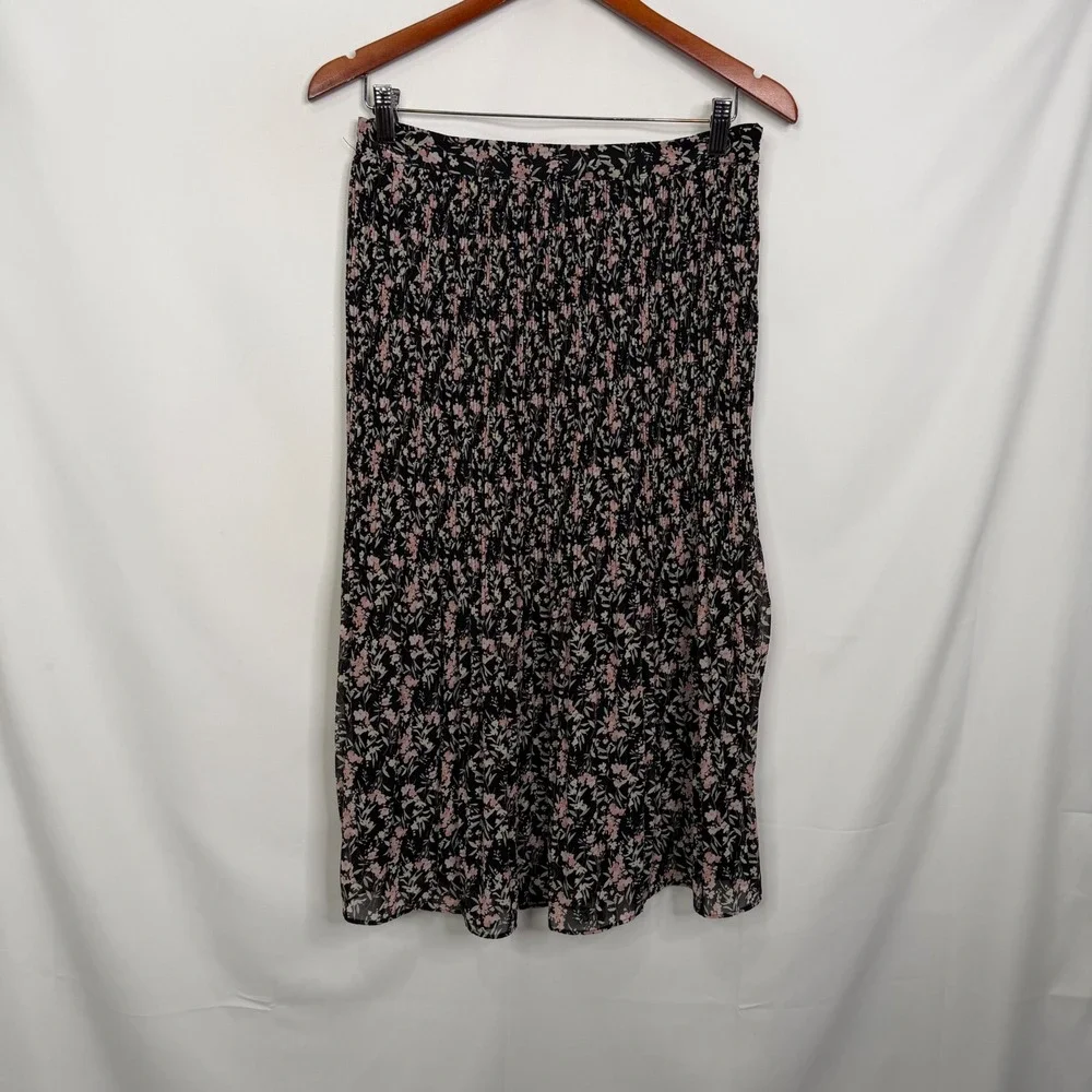 Skies Are Blue Floral Smocked Midi Skirt Black Pink Pleated MP NEW